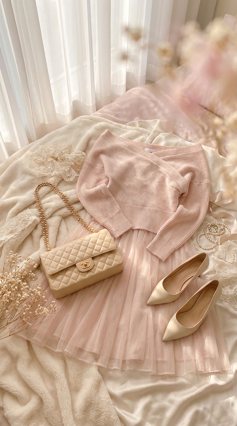 Outfits flatlay in soft blush tones