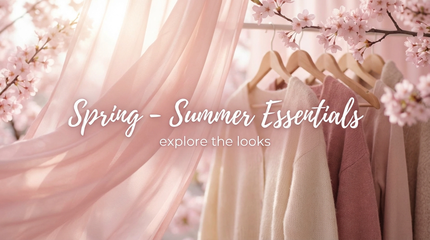 Spring fashion banner with cherry blossoms, flowing pink fabric, and pastel garments on hangers