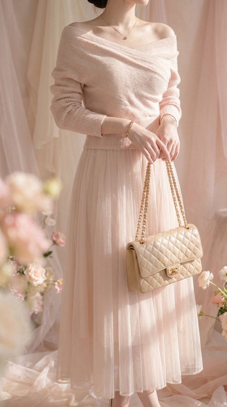 Fits in a soft pink knit and tulle skirt look